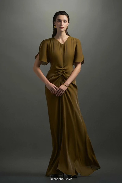Đầm dự tiệc: BERTHE DRESS (đầm xếp ly eo, ánh kim vàng olive, may đo)
