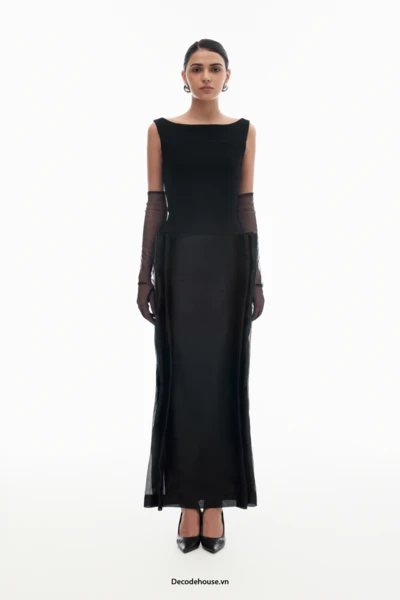 Đầm dự tiệc: AMANDINE DRESS (đầm đen cổ thuyền, phối organza xếp, may đo)