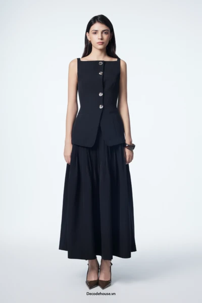 Áo nữ cao cấp: ELENA TOP (áo cổ ngang, vải twill Hàn Quốc, may đo)