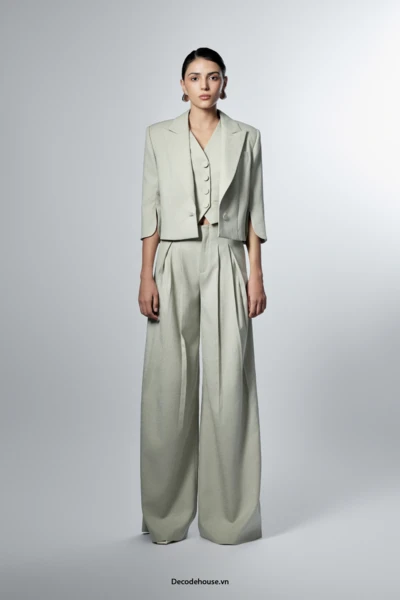 Quần âu nữ cao cấp: COLETTE TROUSERS (quần palazzo xếp ly, cạp cao, xanh lục xám, may đo)