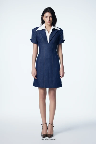 Đầm cao cấp: NOVA DRESS (đầm denim ôm dáng, cổ ve nhọn, may đo)