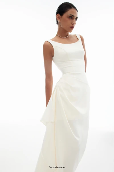Đầm dự tiệc: MAGARITA DRESS (đầm cổ thuyền, drape lệch bên hông, may đo)