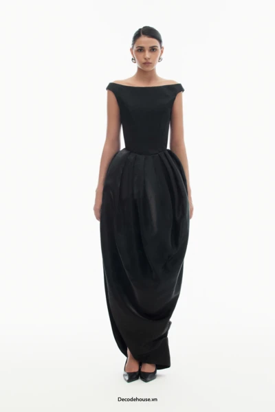 Đầm dạ tiệc: MADELEINE DRESS (đầm corset silk crepe, phồng tự thân, tạo hình vỏ ốc, may đo)