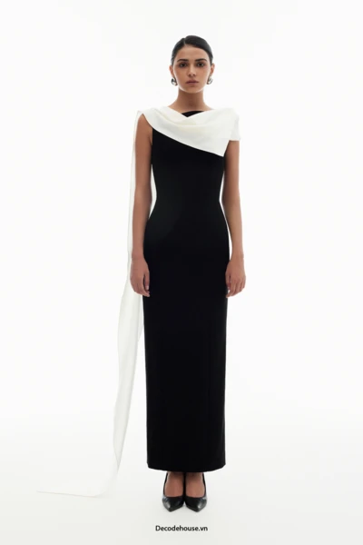 Đầm dự tiệc: LIVIA DRESS (đầm twill đen, cổ drape lụa silk crepe, may đo)