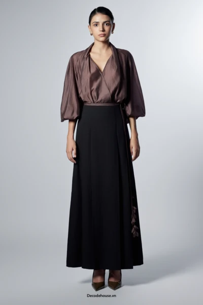 Áo cao cấp: NINA BLOUSE (áo cổ V tay phồng, vải tơ tencel, may đo)