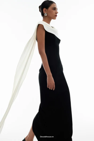 Đầm dự tiệc: LIVIA DRESS (đầm twill đen, cổ drape lụa silk crepe, may đo)
